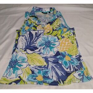 Rafaella Blue Teal Floral Sleeveless Polo Top
